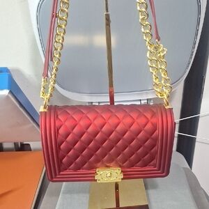 Quilted Red Shoulder Bag with Gold Chain